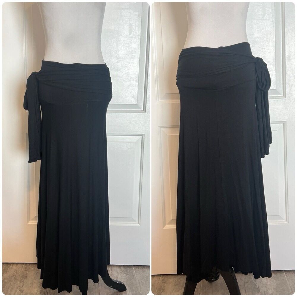 Elan Designer Stretch Midi A-Line Skirt Black Jersey Rayon Cover Up Side Tie M